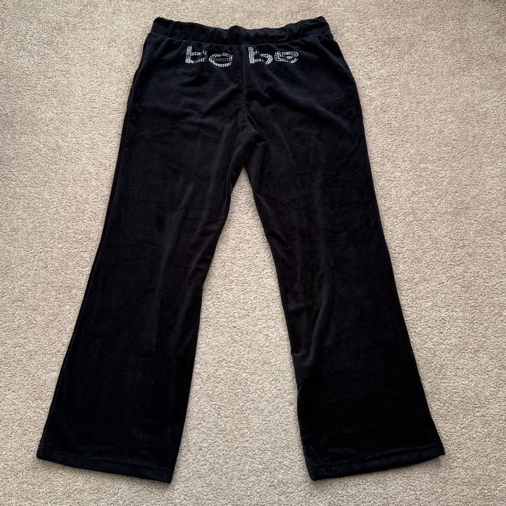 NWOT Bebe Y2K Velour Velvet Rhinestone Wide Leg Black Pants Size XL